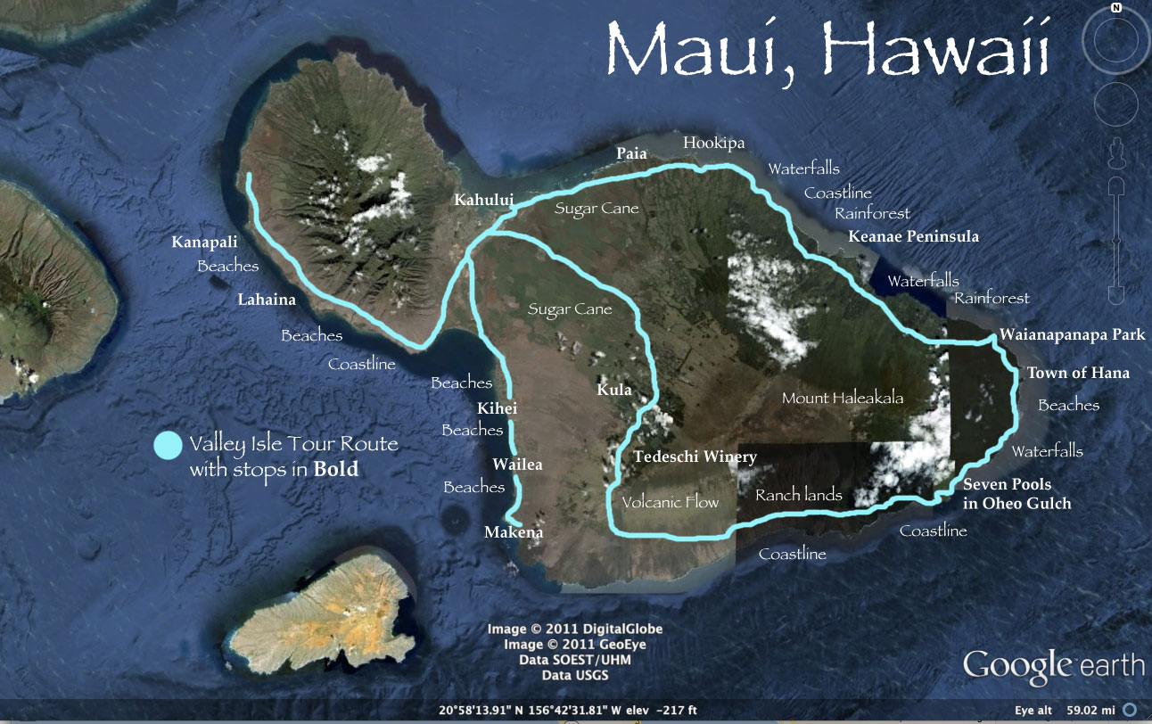 Road to Hana Map with Tour Stops in Bold Road to Hana